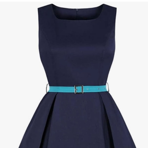 Navy Blue and Blue Scoop Neck Retro Midi Dress with Pockets and Belt, Size Small - Picture 4 of 12